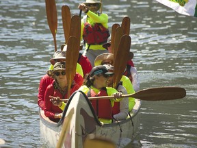 The DFO canoe pulls into Mara Lake Provincial Park Tuesday on the first first day of the Pulling Together Canoe Journey.The journey is hosted by the Splatsin, Cstélnec (Adams Lake), Simpcw, and Tsq’escenemc (Canim Lake) First Nations.
