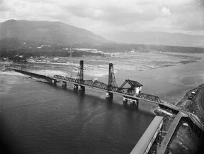 July 1954 aerial photograph of the old Second Narrows Bridge, from the Vancouver side. Bill Dennett/Vancouver Sun