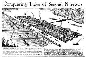July 19, 1931 Province illustration of the Cote Commission plan to build a canal at the Second Narrows in North Vancouver, showing how it appeared in the paper.