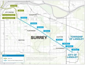 Die geplante Route für die Surrey-Langley SkyTrain-Verlängerung.