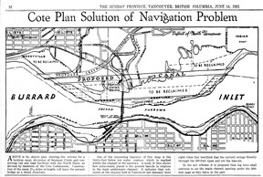 July 14, 1931 Province illustration of the Cote Commission plan to build a canal at the Second Narrows in North Vancouver.