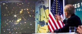 In this NASA handout image NASA Administrator Bill Nelson describes the first full-color image from NASAs James Webb Space Telescope, the highest-resolution image of the infrared universe in history, during a preview event with US President Joe Biden and Vice President Kamala Harris, on July 11, 2022, in the South Court Auditorium in the Eisenhower Executive Office Building on the White House complex in Washington, DC. - Humanity's view of the distant cosmos will never be the same.
The James Webb Space Telescope, the most powerful to be placed in orbit, has revealed the clearest image to date of the early universe, going back 13 billion years, NASA said Monday.
The stunning shot, released in a White House briefing by President Joe Biden, is overflowing with thousands of galaxies and features some of the faintest objects observed, colorized in blue, orange and white tones. (Photo by Bill INGALLS / NASA / AFP)