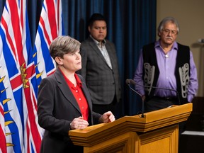 Minister of Energy, Mines and Low Carbon Innovation Josie Osborne speaks at a press conference in Victoria on April 1, 2023.