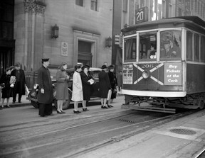 Vancouver streetcar showing advertising on the front, 1944. Steffens-Colmer Studios Vancouver Archives AM1545-S3-: CVA 586-1874