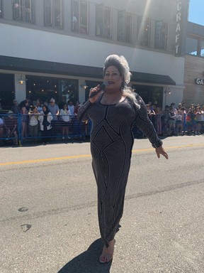 Drag entertainer and route host Joan-E (Robert Kaiser) at the 2022 Vancouver Pride Parade on Sunday, July 31, 2022.