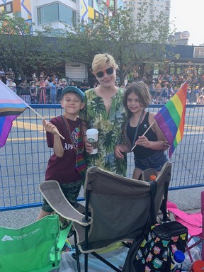 Ali Duke with kids Cameron (l) and Juliana (r) at the 2022 Vancouver Pride Parade on Sunday, July 31, 2022.