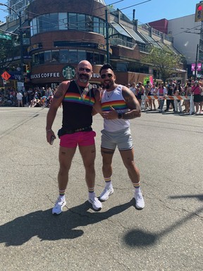 Fiancés Mike Maciag and Luis Kraus at the 2022 Vancouver Pride Parade on Sunday, July 31, 2022.