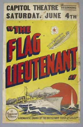 Poster for The Flag Lieutenant, a British war film released in 1927 and directed by Maurice Elvey and starring Henry Edwards, Lilian Oldland and Dorothy Seacombe.  Found under the floorboards during the restoration of Blue Cabin (2017), a former cabin by artists Al Neil and Carole Itter.  The cabin is believed to have been built by a Norwegian man on a dock in Coal Harbour.  It was taken to Dollarton Mud Flats, where it remained until 2015, when it was restored.  Blue Cabin Collection Vancouver Museum.