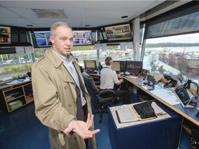 Mark Collins, president and CEO of B.C. Ferries, discusses operations in the control tower at the corporation's Swartz Bay terminal in 2019. Photograph By ADRIAN LAM, TIMES COLONIST