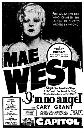 November 2, 1933 ad in the Vancouver Sun for Mae West's film I'm No Ange, which was released before Hollywood began self-censoring with the Hays Code.