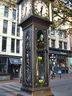 The Gastown steam clock in Vancouver is seen spraypainted with slogans in this image provided by the Save Old Growth activist group on July 28, 2022.
