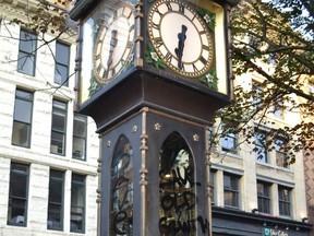 The Gastown steam clock in Vancouver is seen spraypainted with slogans in this image provided by the Save Old Growth activist group on July 28, 2022.