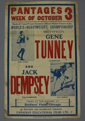 Poster for a showing of the heavyweight championship boxing match between champion Gene Tunney and former champion Jack Dempsey at the Pantages Theater in Vancouver the week of October 3, 1927. The match took place on September 22, 1927 at Soldier Field in Chicago. From the Blue Cabin Collection at the Vancouver Museum.