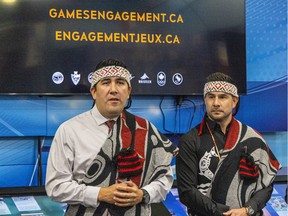 First Nations representatives who released preliminary costs for the 2030 Winter Olympics included Sxwíxwtn of the Squamish Nation and Dennis Thomas of Tsleil'waututh.  Sxwíxwtn (Chris Lewis) - Squamish Nation Feasibility Team representing the Canadian Olympic Committee and the Canadian Paralympic Committee ........... (Photo Credit: Francis Georgian/Postmedia), Vancouver.  Vancouver Reporter: (Francis Georgian/PNG Staff Photographer) [PNG Merlin Archive]