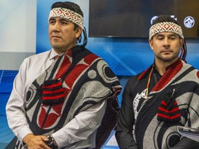 Sxwíxwtn, left, the Squamish Nation representative on the Olympic bid feasibility committee, says the Games would represent a big chance for reconciliation. At right is Dennis Thomas of the Tsleil'Waututh Nation.