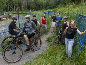 Trail users at McKee Peak in Abbotsford.  Pictured (left to right) Bob Jones, Vice President of the Abbotsford Trail Development Society, Yoshia Burton, President of the Abbotsford Trail Development Society and Vice President of the Fraser Valley Mountain Bike Association, Kelly Jones, Tabitha Mann, Abbotsford Board Member Trail Running Club, Roy Miller, Trail Keeper, Merrick Paq-Man, Trail Keeper, Chuck Padgham, and Nancy Hildebrand, President of the Abbotsford Trail Running Club.