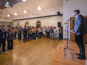 David Eby gets a standing ovation as he announced his candidacy for NDP leader at an event in Vancouver Tuesday night.