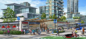 A rendering of the city plan showing development ideas around a transit station.
