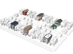 Rendering for plan of Vancouver, showing multiplex between single-family homes.