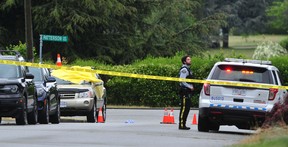 RCMP on the scene of a targeted shooting at 7008 Patterson St. Burnaby on July 4, 2022.