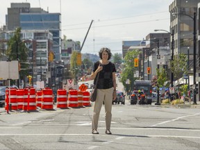 “If the city of Vancouver takes more of the jobs it means other areas of Metro Vancouver will get less. The economy doesn’t stop at the municipal borders,” says Christina DeMarco, retired head planner for Metro Vancouver Regional District. (Photo: DeMarco stands at corner of Broadway and Granville, which will be at the heart of the proposed Broadway Plan for massive job growth.)