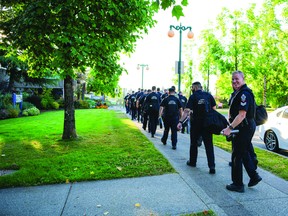 Surrey Police Service recruits. Policing continues to be a divisive topic ahead of the Oct. 15 municipal election, four years after Surrey's transition from the RCMP to a municipal force began.