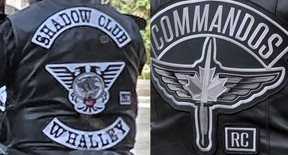 Patch of the Shadow Club, Hells Angels BC puppet club from The Wally, with Commandos RC patch, right.