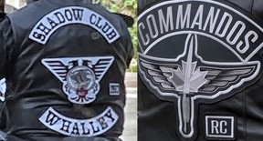 Patch of the Shadow Club, a Whalley-based Hells Angels BC puppet club, with Commandos RC patch, at right.