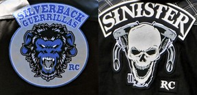 Silverback Guerrillas RC patch, left, and Sinister RC patch, right. Patches for so-called support motorcycle clubs who police say are forming across B.C., expanding the reach of the Hells Angels.