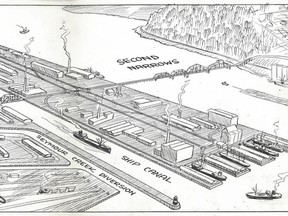 1931 illustration of a plan to build a canal at the Second Narrows on Burrard Inlet. The plan came from the Cote Commission, which was looking into solutions to the problems experienced by the first Second Narrows Bridge, which ships kept running into. The view is from the North Shore looking south.