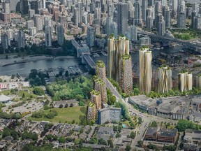 Artist's rendering, aerial view, of the proposed Senakw development in Kitsilano, from the website created by Westbank Corp. Nearby residents say those drawings do not show the planned road through Vanier Park.