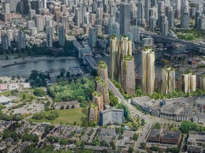 Artistic rendering, aerial view, of the proposed Senakw development in Kitsilano, from website created by Westbank Corp. Nearby residents say such drawings don’t show the roadway planned through Vanier Park.