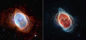 This side-by-side comparison shows observations of the Southern Ring Nebula in near-infrared light, at left, and mid-infrared light, at right, from NASA's Webb Telescope. NASA's James Webb Space Telescope has revealed details of the Southern Ring planetary nebula that were previously hidden from astronomers. Planetary nebulae are the shells of gas and dust ejected from dying stars. Image credit: NASA, ESA, CSA, and STScI