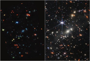 Two side-by-side deep field images from the MIRI and NIRCam instruments of NASA's James Webb Space Telescope, a revolutionary apparatus designed to peer through the cosmos to the dawn of the universe, show composites made from images of the galaxy cluster SMACS 0723, known as Webb?s First Deep Field, at Mid-Infrared (L) & Near-Infrared (R) and released July 12, 2022.     NASA, ESA, CSA, STScI, Webb ERO Production Team/Handout