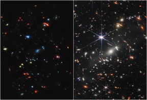 Two side-by-side deep field images from the MIRI and NIRCam instruments of NASA's James Webb Space Telescope, a revolutionary apparatus designed to peer through the cosmos to the dawn of the universe, show composites made from images of the galaxy cluster SMACS 0723, known as Webb?s First Deep Field, at Mid-Infrared (L) & Near-Infrared (R) and released July 12, 2022.     NASA, ESA, CSA, STScI, Webb ERO Production Team/Handout