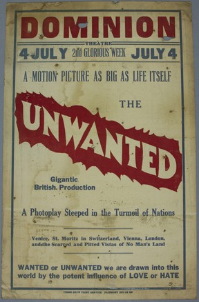 Advertisement for The Unwanted, a 1924 British silent dramatic film directed by Walter Summers and starring C. Aubrey Smith, Lillian Hall-Davis and Nora Swinburne that ran at the Dominion Theater in Vancouver in June and July 1927. Blue Cabin Collection Vancouver Museum.
