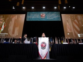Assembly of First Nations National Chair RoseAnne Archibald speaks during the AFN Annual General Meeting, in Vancouver, Tuesday, July 5, 2022. It is the last day of the Assembly of First Nations Annual Meeting in Vancouver and the issue of leadership has not yet been resolved.  resolved.  THE CANADIAN PRESS/Darryl Dyck