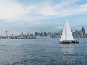 A view from the Spirit of Seattle that takes in the Space Needle, the cruise ship terminal, the downtown skyline and a spirit sail boat. CREDIT: Andrew McCredie