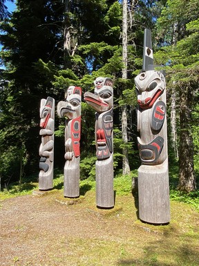 The four totem poles at Kitselas Canyon, a National Historic Site.