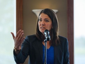 Danielle Smith speaks at a campaign rally in Chestermere on Tuesday, Aug. 9, 2022.