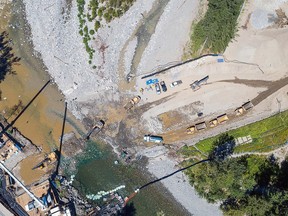 Protect the Planet says this recent aerial photo taken by a drone shows excavators working on the Trans Mountain pipeline expansion in the Coquihalla River near Hope.