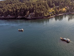 Salvage/cleanup boats on site.  Image from a US Coast Guard helicopter of the oil slick from a sunken fishing boat on August 14, 2022.