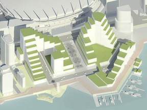 This concept drawing for the redevelopment of Northeast False Creek (the Plaza of Nations) in Downtown Vancouver was presented at open houses by Canadian Metropolitan Properties Corp. in June 2017.