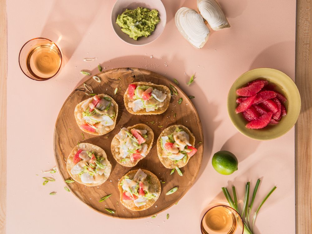 Wine match recipe Geoduck nachos with avocado and grapefruit