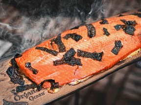 Cedar planked wild sockeye salmon from Organic Ocean Chef Robert Clark.