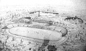 October 2, 1930. Close-up of a Sharp and Thompson architectural illustration of an “Aerial Perspective View of Little Mountain Park, Showing Proposed Stadium” on 29th Avenue.  