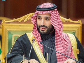 Saudi Crown Prince Mohammed bin Salman speaks during the Gulf Summit in Riyadh, Saudi Arabia, December 14, 2021.