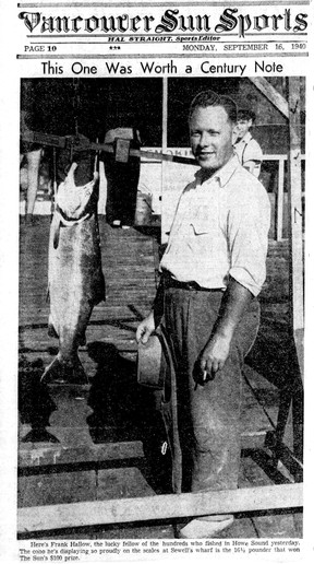 The winner of the first Vancouver Sun Salmon Derby on Sept. 15, 1940. Frank Hallow won $100 after he caught a 16-pound fish. Note that he’s celebrating with a smoke in his left hand.
