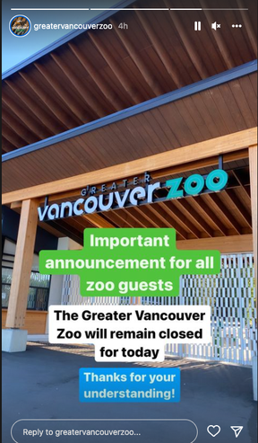 Screenshot der Schließungsmitteilung des Greater Vancouver Zoo am Dienstag auf Instagram.