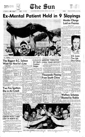 The front page of the Aug. 21, 1967 Vancouver Sun, with the photo and story on winner David Chafe. After an investigation it turned out Chafe had purchased the winning fish, and he was arrested and eventually sentenced to six months in jail for fraud.